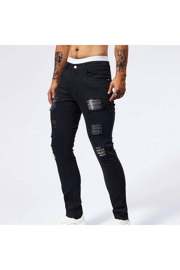 Fashion Blue Men's Pants Slim Fits Washed Jeans Stretch Destroyed Ripped Skinny Jeans Denim Pants Leg Streetwear Comfortable Male Pants Tapered Leg Pant