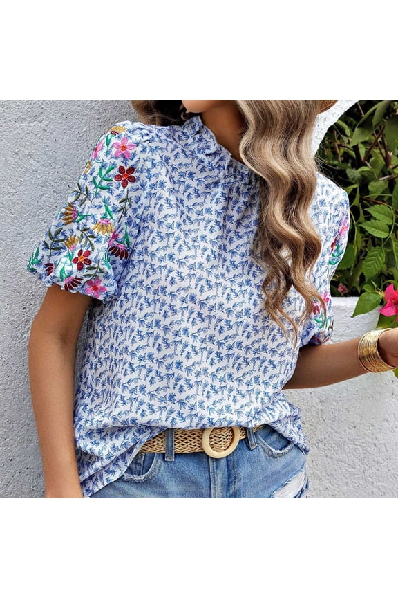 Floral Print Womens Shirts Spring Tops for Women Summer Crew Neck Short Sleeve Shirts Solid Color Blouse Casual Going Out Tops for Women Basic Tees Loose Fits