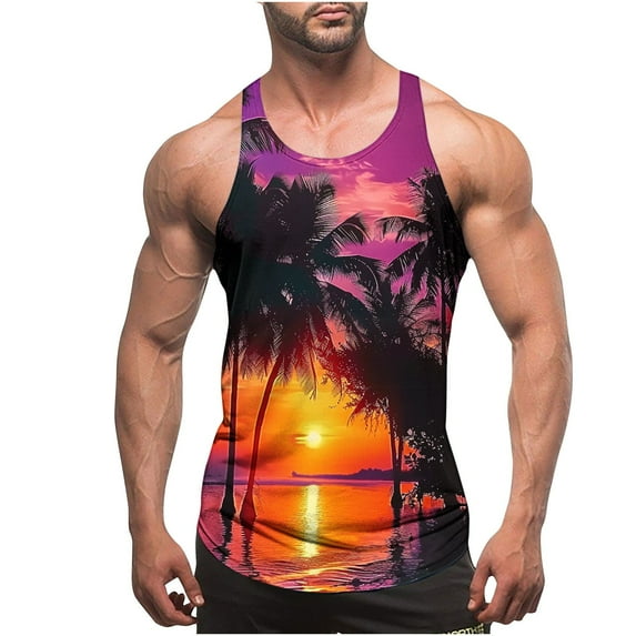 HaoXianJian Hawaiian Print Mens Sleeveless Tank Tops Workout Gym Shirts Palm Tree Vintage Style Beach Graphic T-Shirt Workout Tank Top Undershirts Plus Size S-4X