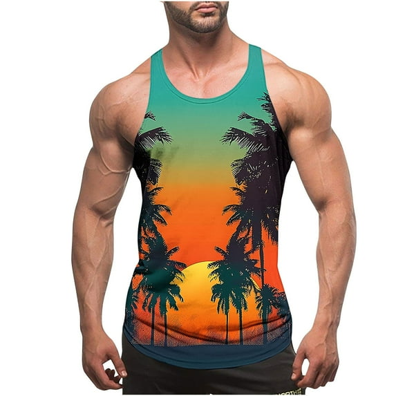 HaoXianJian Hawaiian Print Mens Sleeveless Tank Tops Workout Gym Shirts Palm Tree Vintage Style Beach Graphic T-Shirt Workout Tank Top Undershirts Plus Size S-4X
