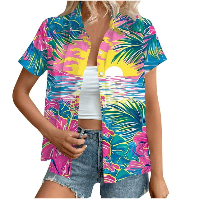 HaoXianJian Hawaiian Shirt Plus Size Women Spring Tops for Women Going Out Tops Soft Cool Summer Shirts Floral Tropics Print V Neck T-Shirt Button Up Tops Short Sleeve Blouse Graphic Tees Shirts