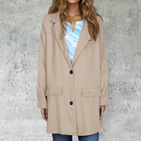 HaoXianJian Long Blazers for Women 2025 Solid Color Jackets Dressy Button Blouses Long Sleeve Lapel Dressy Tops for Women Business Oversized Outfits Work Office Suit Casual Coat Plus Size S-5X