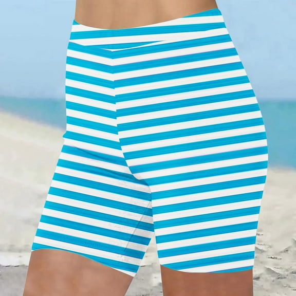 HaoXianJian Long Swim Board Shorts Stripe Print High Waisted Quickly Dry Beach Swimming Shorts for Women Summer Shorts