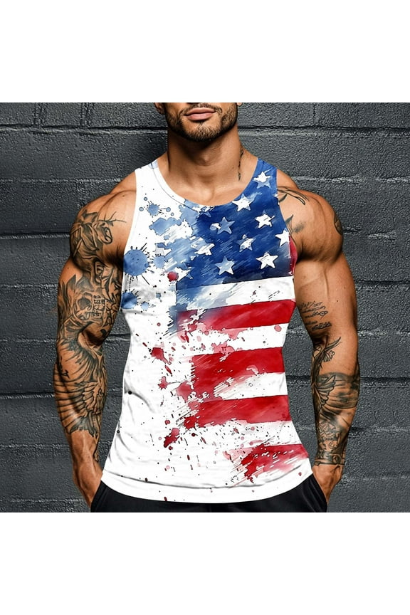 Men's Casual USA Flag Tank Tops 4th July Independence Day USA Flag Sleeveless Casual Running T-Shirt Gym Workout Patriotics Tees Going Out Tops Plus Size S-4X