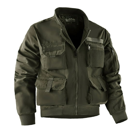 HaoXianJian Men's Cotton Lightweight Multi Pockets Zip Front Stand Collar Military Jackets Windbreaker Working Jackets for Men Big & Tall Size