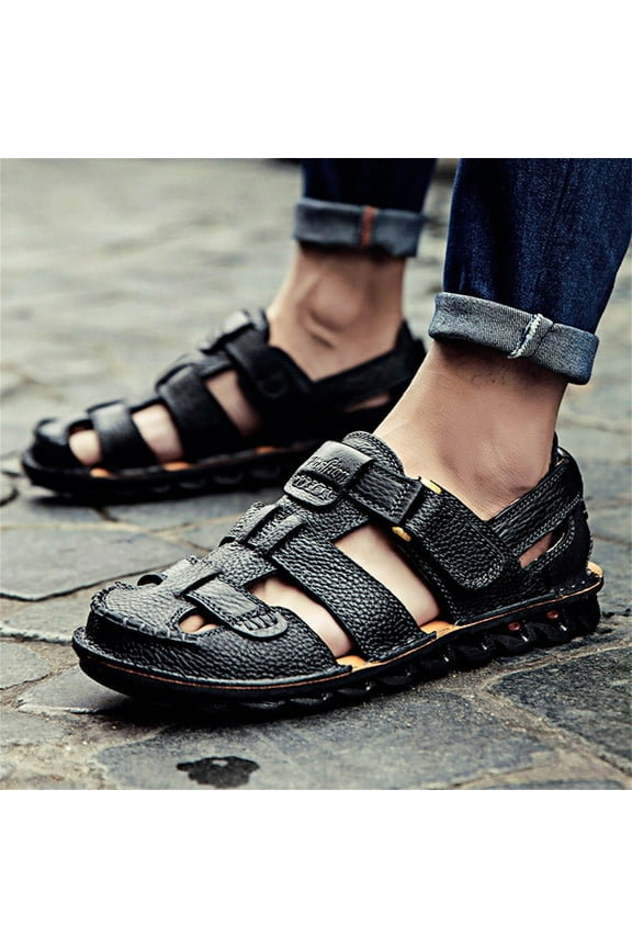 Men's Cut Out Sandals Sandals for Men 2025 Casual Two- Use Beach Slipper Leather Open Toe Strap Buckle Sole Solid Color No-slip Outdoor Hiking Sandals Summer Beach Water Shoes