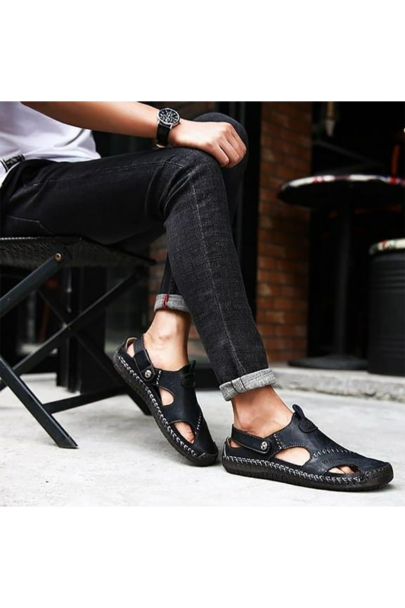 Men's Cut Out Sandals Sandals for Men 2025 Casual Two- Use Beach Slipper Leather Open Toe Strap Buckle Sole Solid Color No-slip Outdoor Hiking Sandals Summer Beach Water Shoes