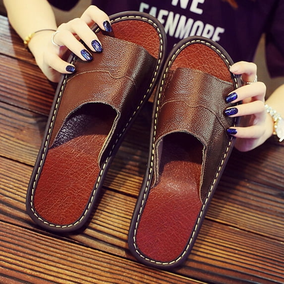 HaoXianJian Men's Leather Slides Open Toe Outdoor Slippers Sandals for Men 2025 Comfortable Arch Support Retro Casual Flip Flops Summer Fisherman Slip On Sandals for Men