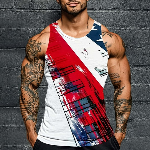 HaoXianJian Men's Workout Tank Tops Sleeveless Gym Cut Off Tee Bodybuilding Fitness Muscle USA Flag Shirt 4th July Independence Day USA Flag Casual Running T-Shirt Going Out Tops Plus Size S-4X