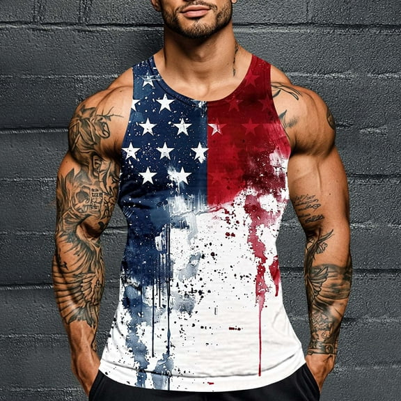 HaoXianJian Men's Workout Tank Tops Sleeveless Gym Cut Off Tee Bodybuilding Fitness Muscle USA Flag Shirt 4th July Independence Day USA Flag Casual Running T-Shirt Going Out Tops Plus Size S-4X