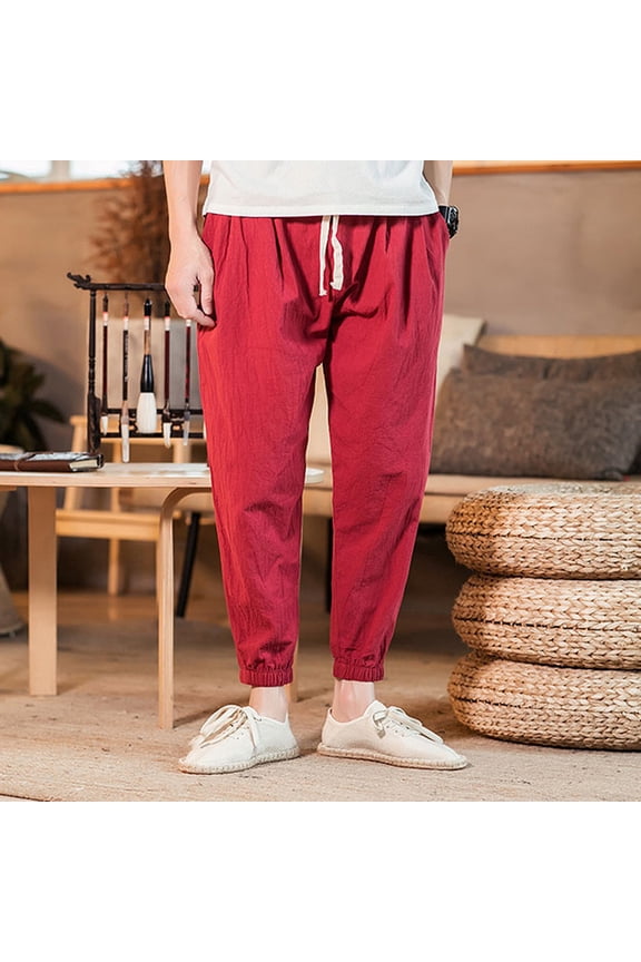 Mens Casual Cotton Linen Pants Summer Beach Loose Trousers Elastic Waist Drawstring Yoga Jogger Pant Plus Size 3X 4X 5X