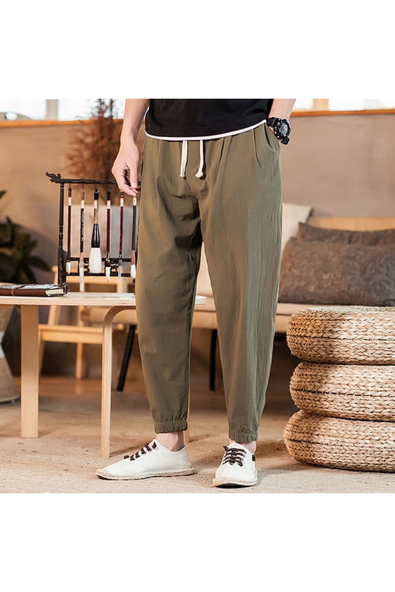 Mens Casual Cotton Linen Pants Summer Beach Loose Trousers Elastic Waist Drawstring Yoga Jogger Pant Plus Size 3X 4X 5X