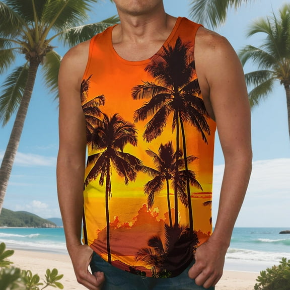 HaoXianJian Mens Graphic Tank Tops Sleeveless Muscle Shirts Beach Hawaiian Coconuts Tree Patriotics Tank Tops Summer Mens Spaghetti Strap Tank Top Crew- Neck Going Out Tops Plus Size S-4X