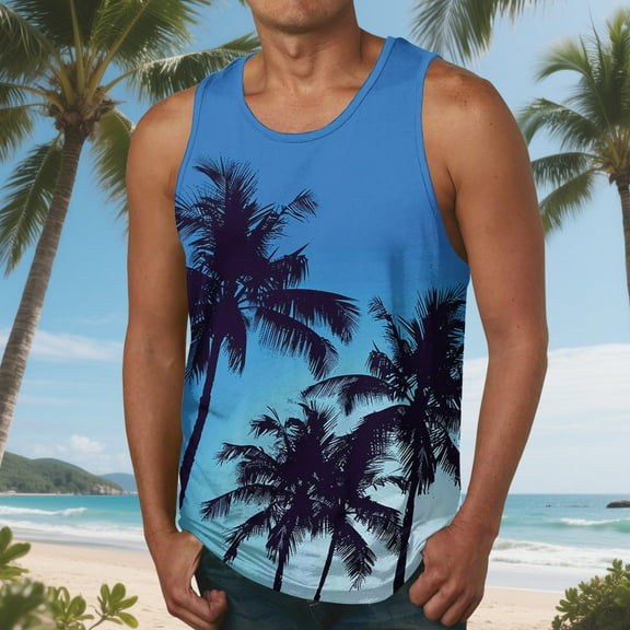 HaoXianJian Mens Graphic Tank Tops Sleeveless Muscle Shirts Beach Hawaiian Coconuts Tree Patriotics Tank Tops Summer Mens Spaghetti Strap Tank Top Crew- Neck Going Out Tops Plus Size S-4X