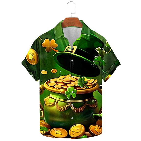 HaoXianJian Mens Shamrock Button Up Tops Patricks Day Blouse Shirt Irish Shamrock Graphic Tee Short Sleeve Causal T Shirt Outfit for Men Beach Shirts