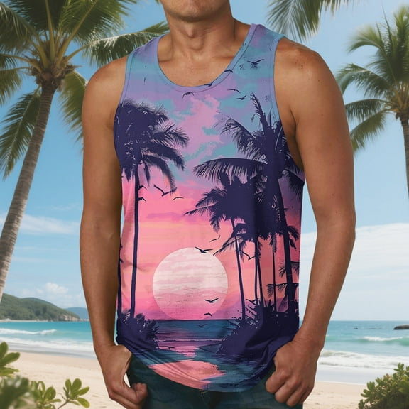 HaoXianJian Mens Sleeveless Tank Tops Workout Gym Shirts Hawaiian Print Palm Tree Vintage Style Beach Graphic T-Shirt Workout Tank Top Undershirts Plus Size S-4X