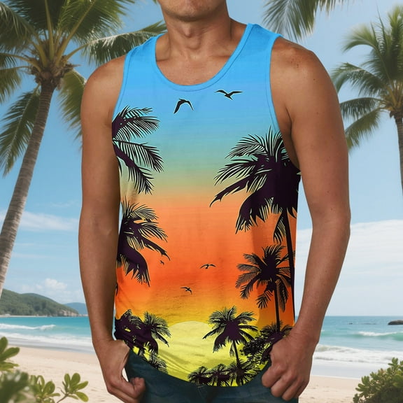 HaoXianJian Mens Sleeveless Tank Tops Workout Gym Shirts Hawaiian Print Palm Tree Vintage Style Beach Graphic T-Shirt Workout Tank Top Undershirts Plus Size S-4X