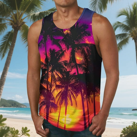 HaoXianJian Mens Sleeveless Tank Tops Workout Gym Shirts Hawaiian Print Palm Tree Vintage Style Beach Graphic T-Shirt Workout Tank Top Undershirts Plus Size S-4X