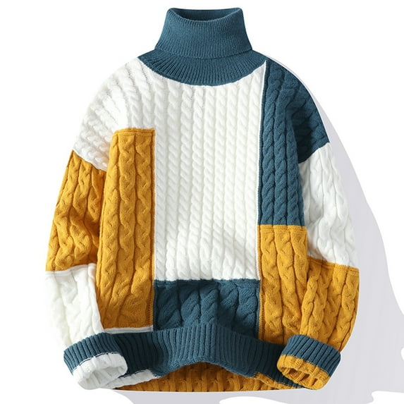 HaoXianJian Mens Stand Collar & Crew Neck Pullover Sweater Cable Knitted Chunky Winter Fashion Color Block Twisted Thermal Sweaters