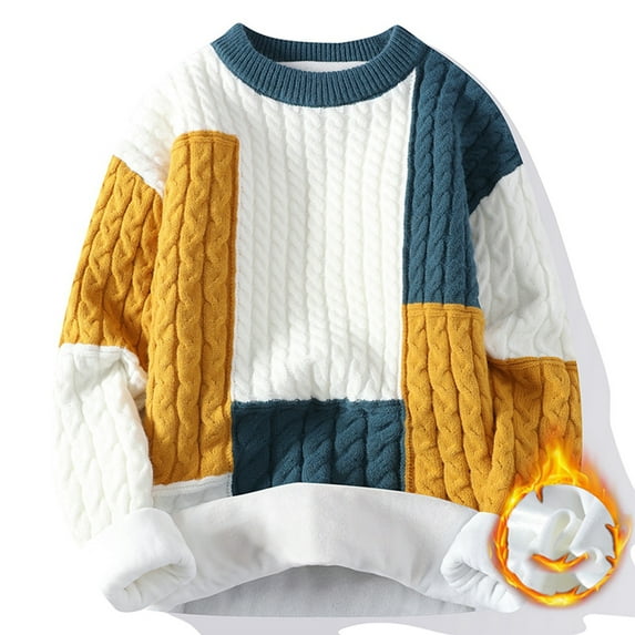 HaoXianJian Mens Stand Collar & Crew Neck Pullover Sweater Cable Knitted Chunky Winter Fashion Color Block Twisted Thermal Sweaters