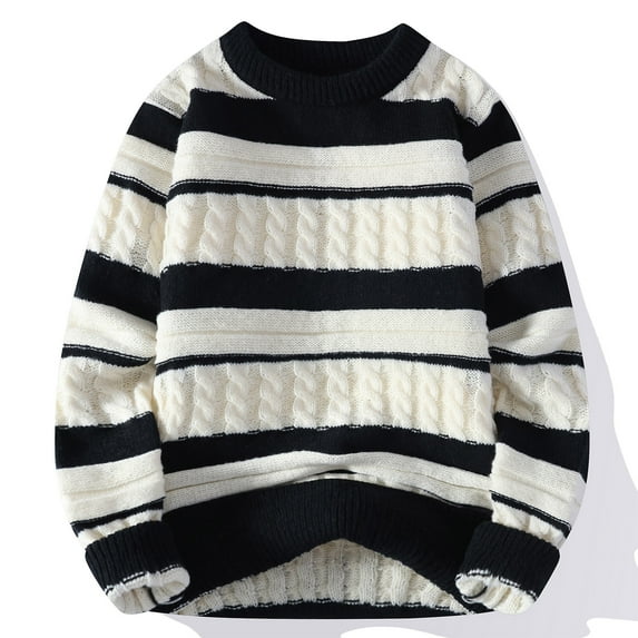 HaoXianJian Mens Stripe Sweater Crew Neck Pullover Sweater Cable Knitted Chunky Winter Fashion Color Block Twisted Thermal Sweaters