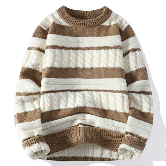 HaoXianJian Mens Stripe Sweater Crew Neck Pullover Sweater Cable Knitted Chunky Winter Fashion Color Block Twisted Thermal Sweaters