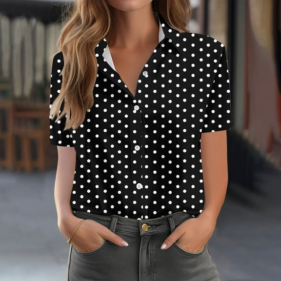 HaoXianJian Plus Size Button Up Shirts for Women Dressy Dots Printed Short Sleeve Blouse Going Out Tops Lightweight Tops & Blouses Business Casual Work Tops Oversized Tshirts S-5X