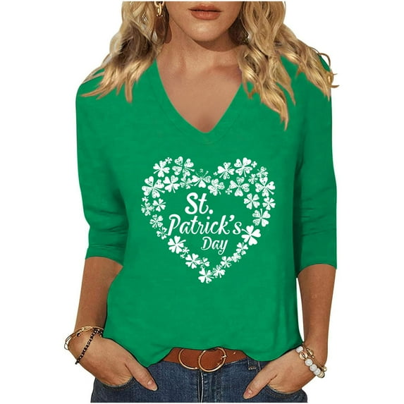 HaoXianJian Plus Size Patricks Day Shirts for Women V-Neck 2025 sual 3/4 Sleeve Irish Shamrock Graphic T shirt Green Saint Patty's Tunic Tops 3X 4X 5X