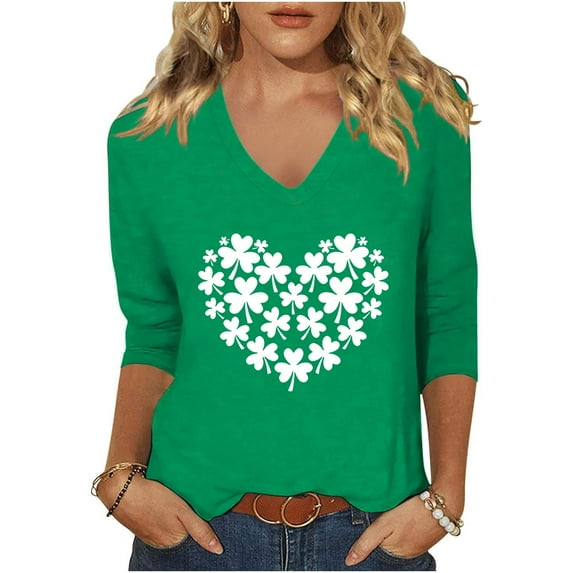 HaoXianJian Plus Size Patricks Day Shirts for Women V-Neck 2025 sual 3/4 Sleeve Irish Shamrock Graphic T shirt Green Saint Patty's Tunic Tops 3X 4X 5X