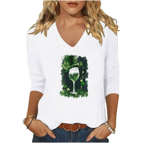 HaoXianJian Plus Size Patricks Day Shirts for Women V-Neck 2025 Causal 3/4 Sleeve Irish Shamrock Graphic T shirt Green Saint Patty's Tunic Tops 3X 4X 5X