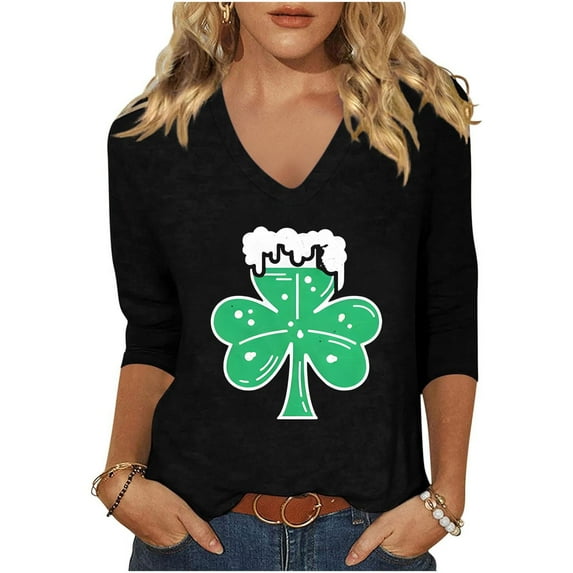 HaoXianJian Plus Size Patricks Day Shirts for Women V-Neck 2025 sual 3/4 Sleeve Irish Shamrock Graphic T shirt Green Saint Patty's Tunic Tops 3X 4X 5X