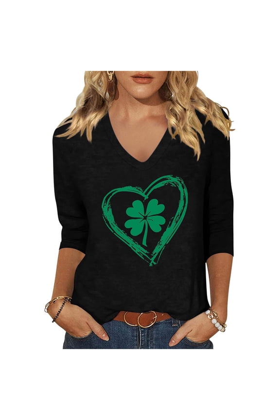 Plus Size Patricks Day Shirts for Women V-Neck 2025 sual 3/4 Sleeve Irish Shamrock Graphic T shirt Green Saint Patty's Tunic Tops 3X 4X 5X