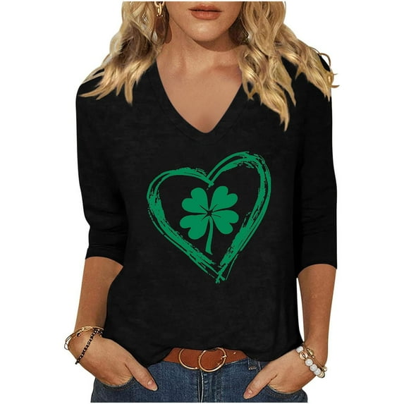 HaoXianJian Plus Size Patricks Day Shirts for Women V-Neck 2025 sual 3/4 Sleeve Irish Shamrock Graphic T shirt Green Saint Patty's Tunic Tops 3X 4X 5X
