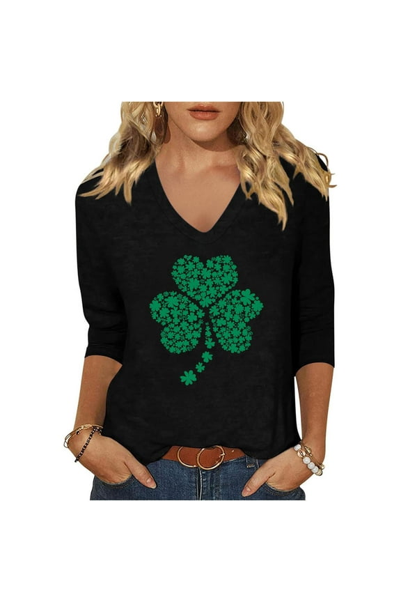 Plus Size St Patricks Day Shirts for Women V-Neck 2025 Casual 3/4 Sleeve Irish Shamrock GraphicT shirt Green Saint Patty's Tunic Tops 4X 5X Valentine's Day