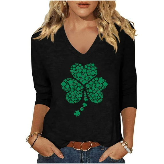 HaoXianJian Plus Size St Patricks Day Shirts for Women V-Neck 2025 Casual 3/4 Sleeve Irish Shamrock GraphicT shirt Green Saint Patty's Tunic Tops 4X 5X Valentine's Day