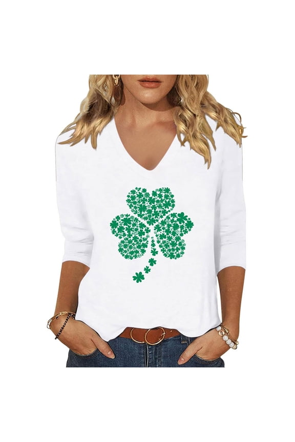 Plus Size St Patricks Day Shirts for Women V-Neck 2025 Casual 3/4 Sleeve Irish Shamrock GraphicT shirt Green Saint Patty's Tunic Tops 4X 5X Valentine's Day