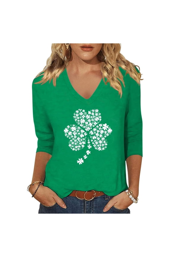 Plus Size St Patricks Day Shirts for Women V-Neck 2025 Casual 3/4 Sleeve Irish Shamrock GraphicT shirt Green Saint Patty's Tunic Tops 4X 5X Valentine's Day