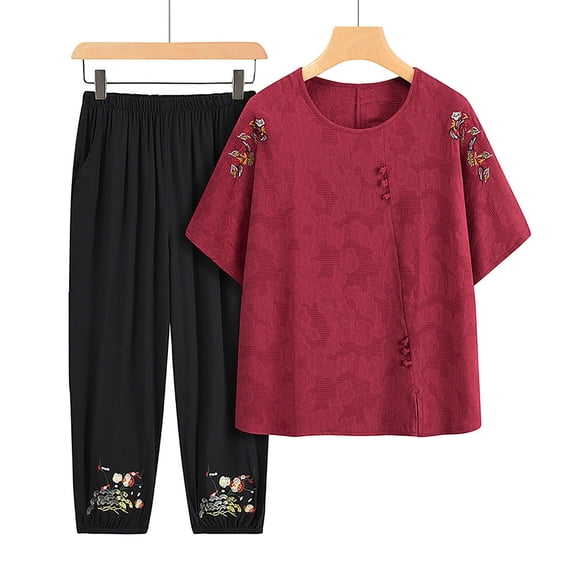 HaoXianJian Plus Size Two Piece Outfit Mandarin Pajamas Sets Embroidered Print Sleepwear 3X 4X 5X