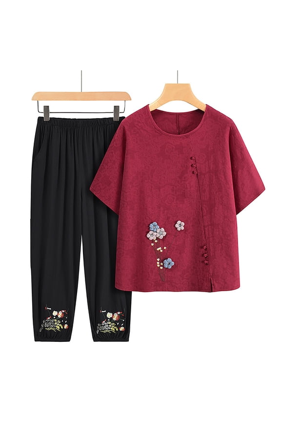 Plus Size Two Piece Outfit Mandarin Pajamas Sets Embroidered Print Sleepwear 3X 4X 5X