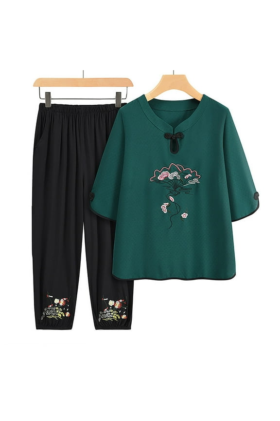 Plus Size Two Piece Outfit Mandarin Pajamas Sets Embroidered Print Sleepwear Women's Hanfu Pajamas Suit Nightwear Loose Casual Home Pajamas 3X 4X 5X