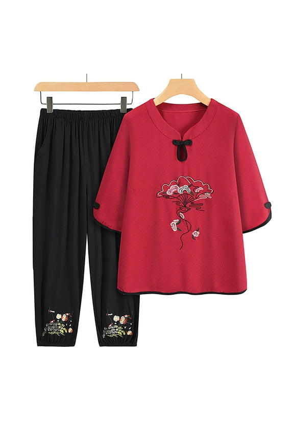 Plus Size Two Piece Outfit Mandarin Pajamas Sets Embroidered Print Sleepwear Women's Hanfu Pajamas Suit Nightwear Loose Casual Home Pajamas 3X 4X 5X