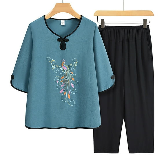HaoXianJian Plus Size Two Piece Outfit Mandarin Pajamas Sets Embroidered Print Sleepwear Women's Hanfu Pajamas Suit Nightwear Loose Casual Home Pajamas 3X 4X 5X