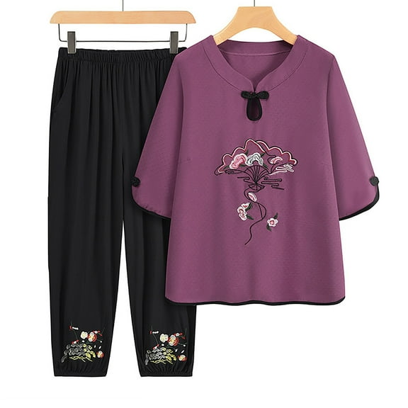 HaoXianJian Plus Size Two Piece Outfit Mandarin Pajamas Sets Embroidered Print Sleepwear Women's Hanfu Pajamas Suit Nightwear Loose Casual Home Pajamas 3X 4X 5X