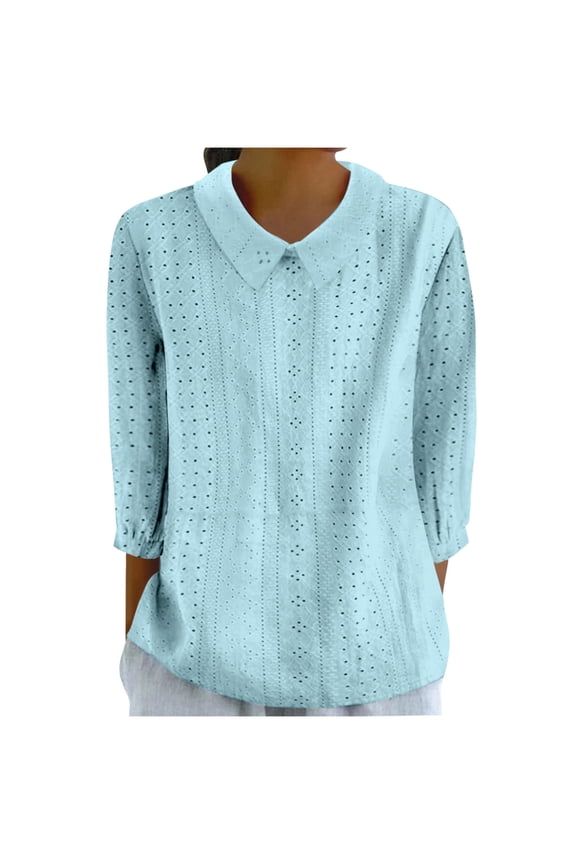 Plus Size Women's 3/4 Long Sleeve Tops Crew Neck T Shirts Button Solid/Color Collared ShirtsCollar Sweatshirts Casual Ladies Pullover Shirts Tops Loose Fits S-XXXL