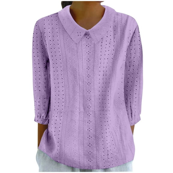 HaoXianJian Plus Size Women's 3/4 Long Sleeve Tops Crew Neck T Shirts Button Solid/Color Collared ShirtsCollar Sweatshirts Casual Ladies Pullover Shirts Tops Loose Fits S-XXXL