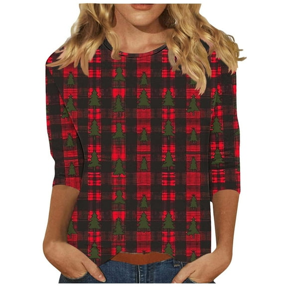 HaoXianJian Plus Size Womens Shirt Short 3/4 Sleeve Crew Neck Shirts Plaid Print Top for Women 2025 Loose Fits T Shirt Summer Tee Shirts Going Out Top 3X 4X 5X