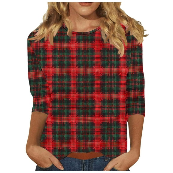 HaoXianJian Plus Size Womens Shirt Short 3/4 Sleeve Crew Neck Shirts Plaid Print Top for Women 2025 Loose Fits T Shirt Summer Tee Shirts Going Out Top 3X 4X 5X