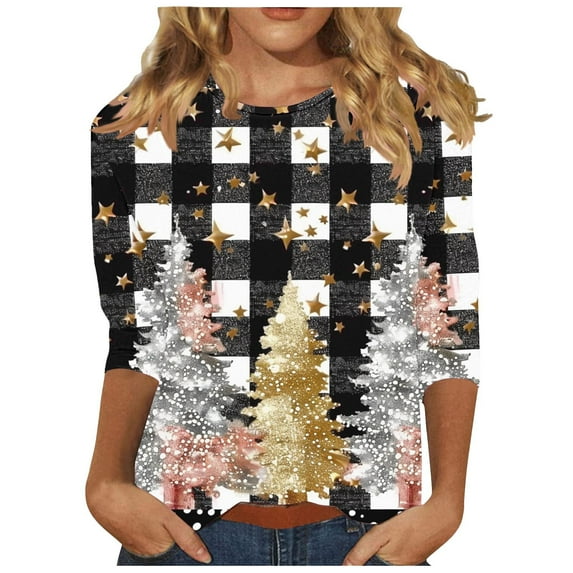 HaoXianJian Plus Size Womens Shirt Short 3/4 Sleeve Crew Neck Shirts Plaid Print Top for Women 2025 Loose Fits T Shirt Summer Tee Shirts Going Out Top 3X 4X 5X