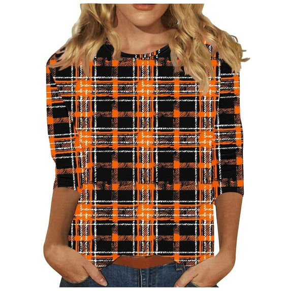 HaoXianJian Plus Size Womens Shirt Short 3/4 Sleeve Crew Neck Shirts Plaid Print Top for Women 2025 Loose Fits T Shirt Summer Tee Shirts Going Out Top 3X 4X 5X