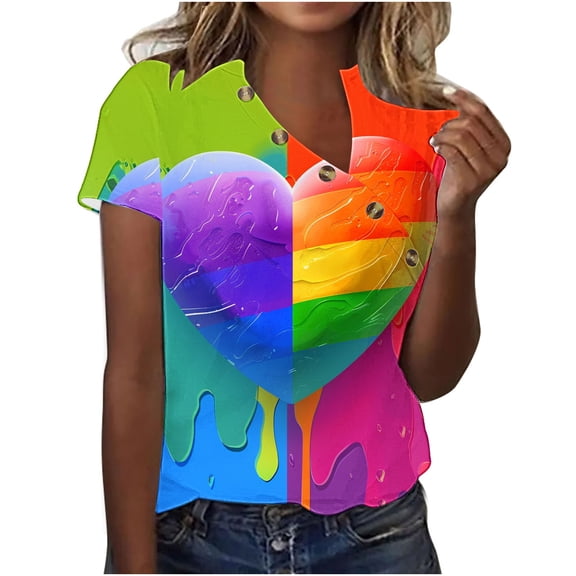 HaoXianJian Plus Size Womens Shirt Short Sleeve Button Crew Neck Shirt Colorful Print Top for Women 2025 Loose Fits T Shirt Summer Tee Shirts Going Out Top 4X 5X